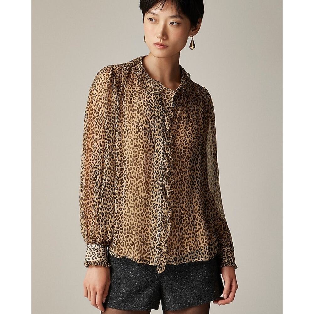 J.Crew Ruffle Button Up Shirt in Leopard Print Crinkle Chiffon
